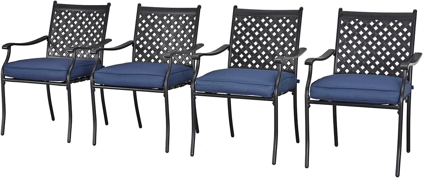 Festival Depot 4 Piece Outdoor Patio Furniture Outdoor Wrought Iron Dining Chairs Set for Porch Lawn Garden Balcony Pool Backyard with Arms and Cushions (4Pcs) (Blue)