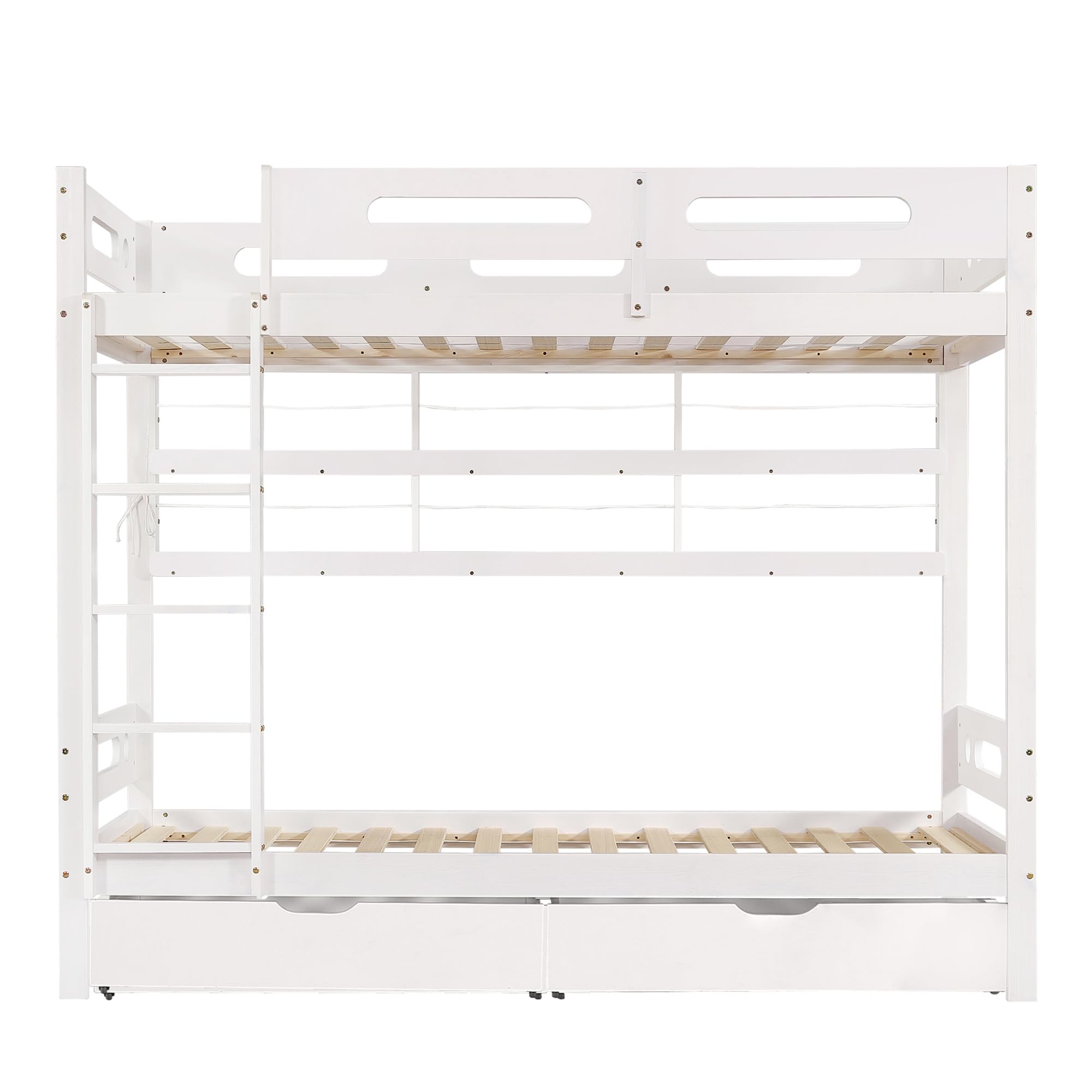Letto a castello, 90 x 200 cm, lettino con rete anticaduta, due cassetti su ruote, scaffale aperto, scala a cinque livelli, ampio spazio di archiviazione, pino+MDF, bianco