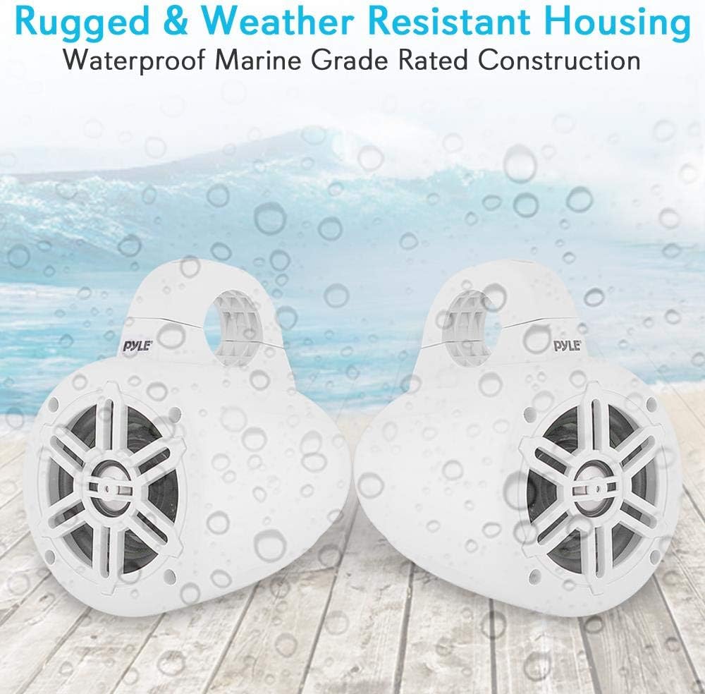 Pyle Waterproof Marine Wakeboard Tower Speakers - 4 Inch Dual Subwoofer Speaker Set with 300 Max Power Output - Boat Audio System Kit w/ Titanium Dome Tweeters & Mounting Clamps PLMRWB45W (White)