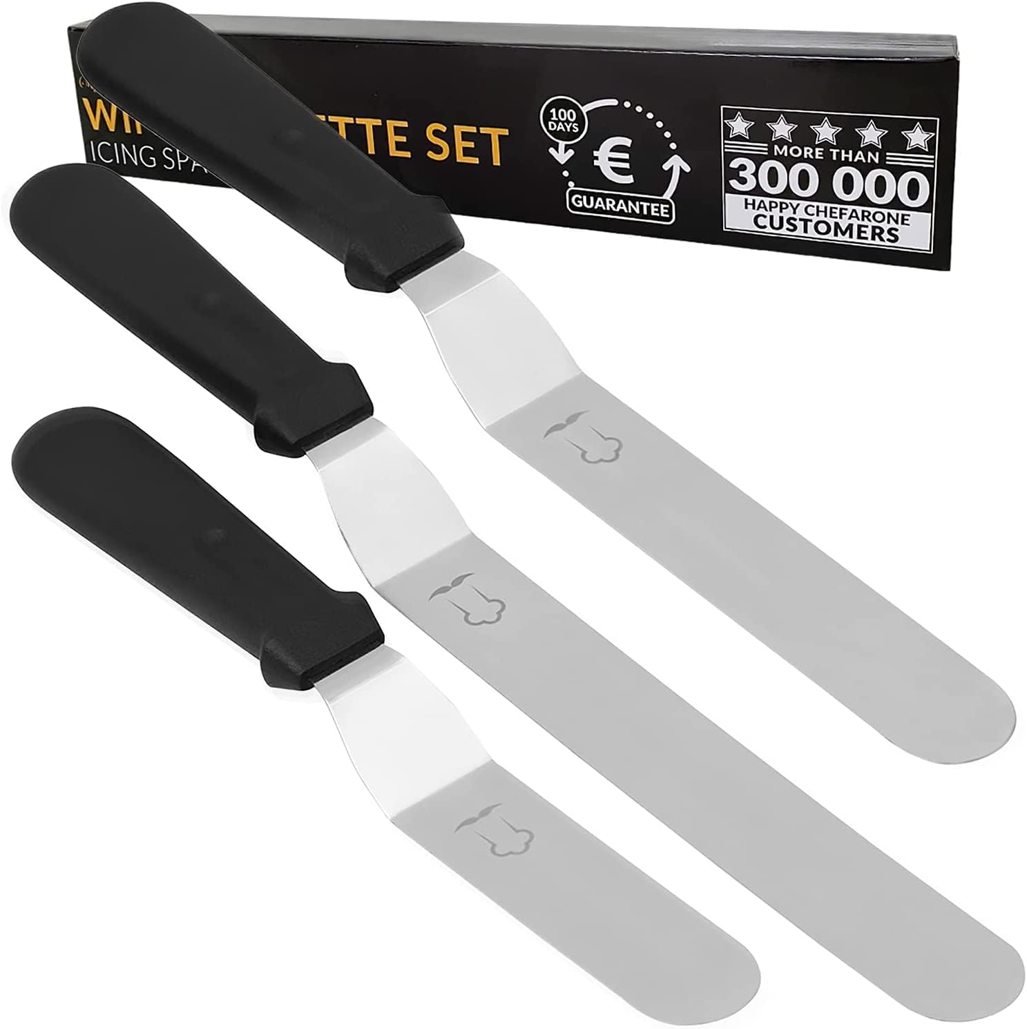Chefarone Premium Palette Knife Set, Top Value Quality & Precision, Professional 3-pc Angled Stainless Steel Icing Spatulas, Memorable Cake Decorating, Frosting Knive for Pastries & Cupcake