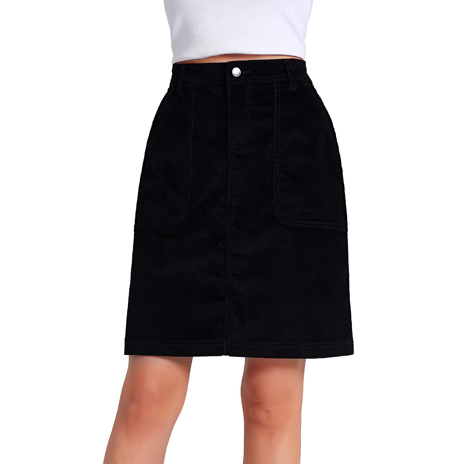 Women's Low Stretch Denim A-Line Skirt 14 Pit Stretch Corduroy Knee Length Mid Skirt Mini Denim Skirt with Pockets…