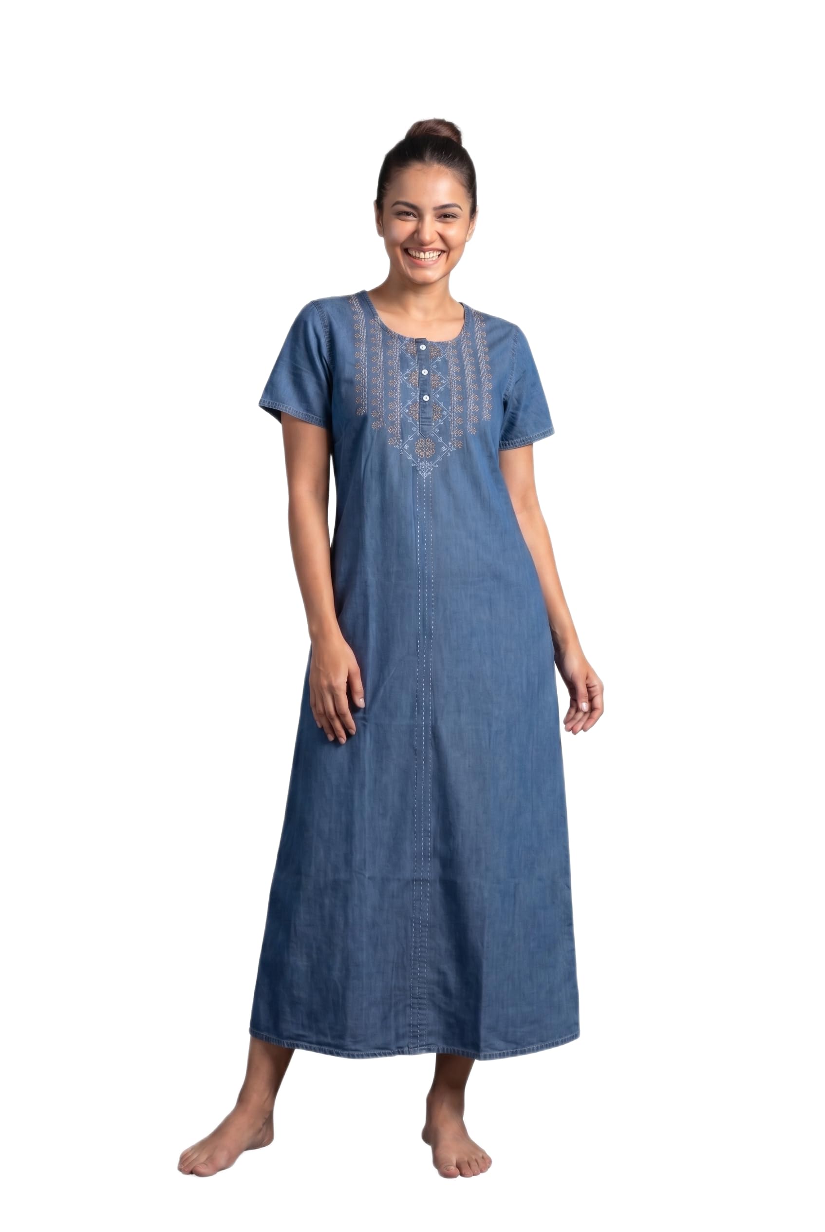 naughty Denim Nighty for Women | Night Dress with Half Sleeves, Round Neck & Front Button Closure | Regular Fit Maxi Outfit for Daily Home Lounge Use, Relaxed Sleeping & Comfortable Casual Gown-picture-24