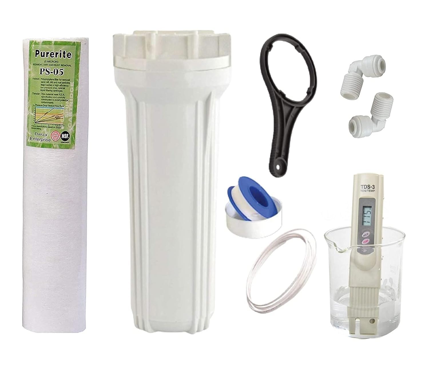 External Pre Filter Domestic RO Housing with 10" Spun Filter, Spanner, 3 Meter Pipe, Tafflon Tape and TDS Meter (Combo-Pack)-image-25
