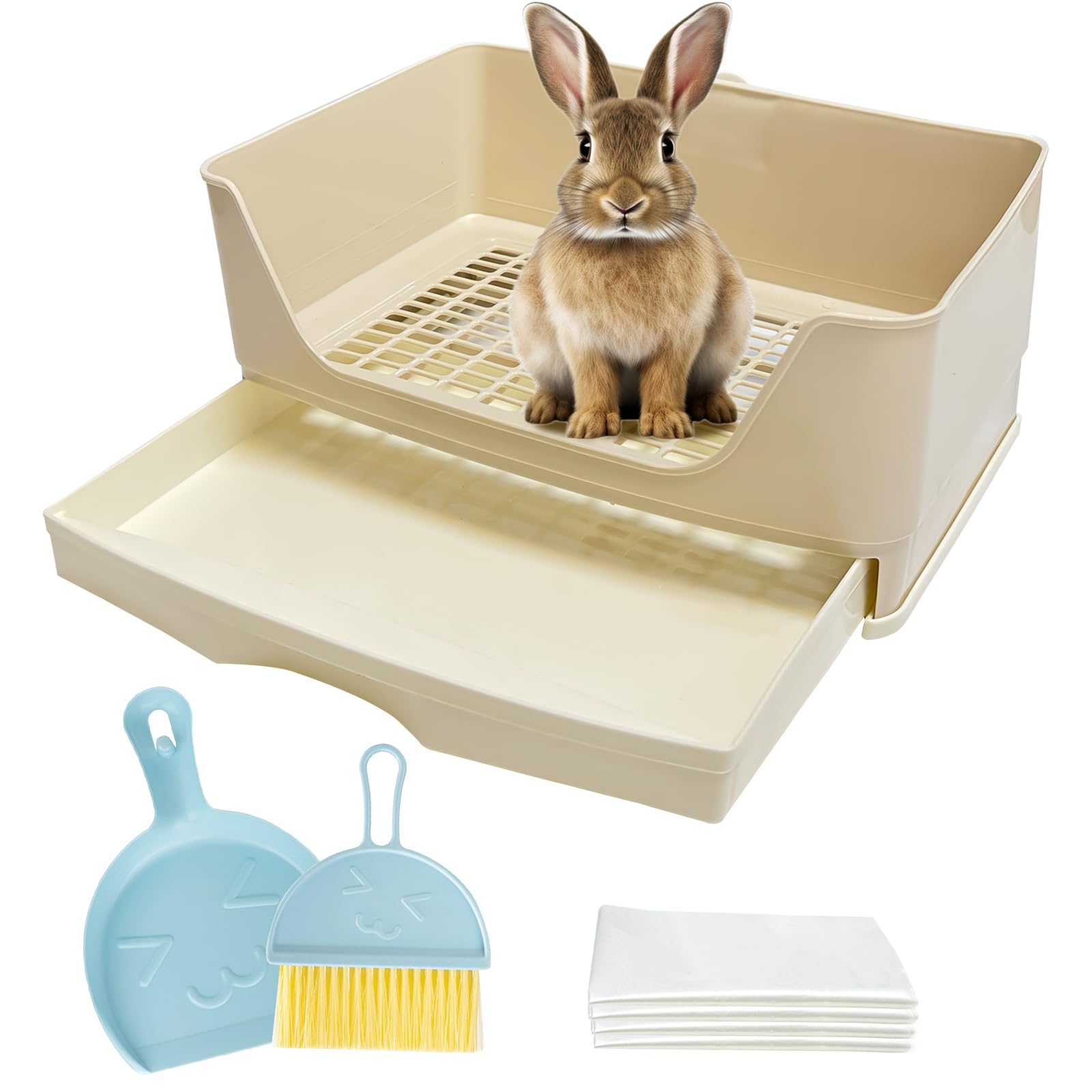 Arfubye Large Rabbit Litter Box with Drawer Bunny Training Corner Litter Pan Ferret Bigger Pet Pan Bunnies Digging Box for Adult Hamster Guinea Pig