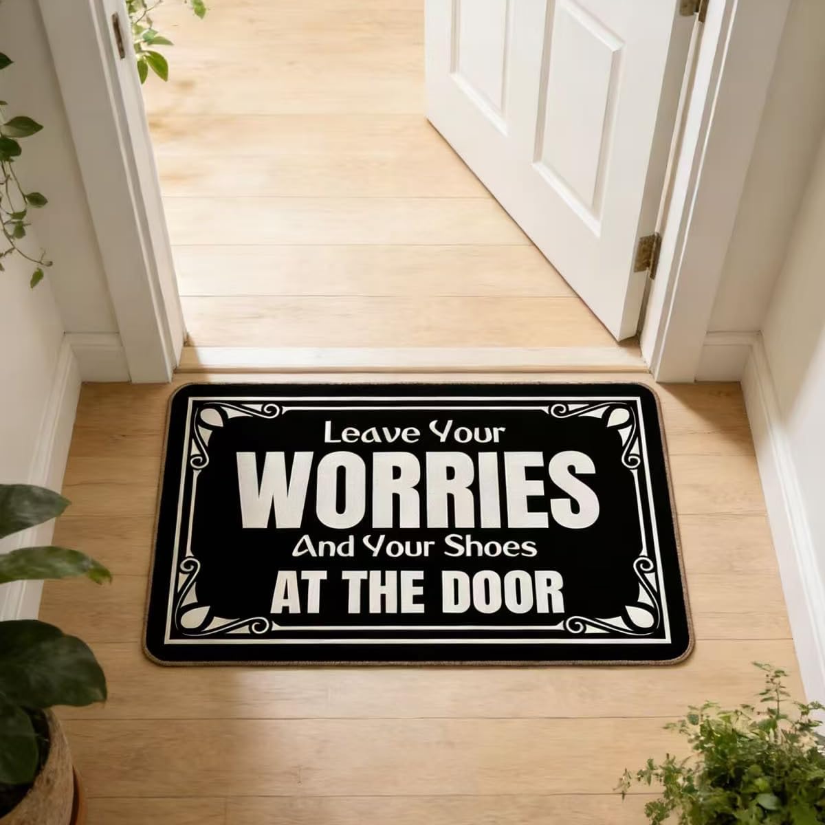 Leave Your Worries and Your Shoes at The Door Mat 30x17 Inch，Funny Welcome Doormat with Anti-Slip Rubber Back Easy to Clean Home Decor Novelty Gift Mat (Black 2) image 2