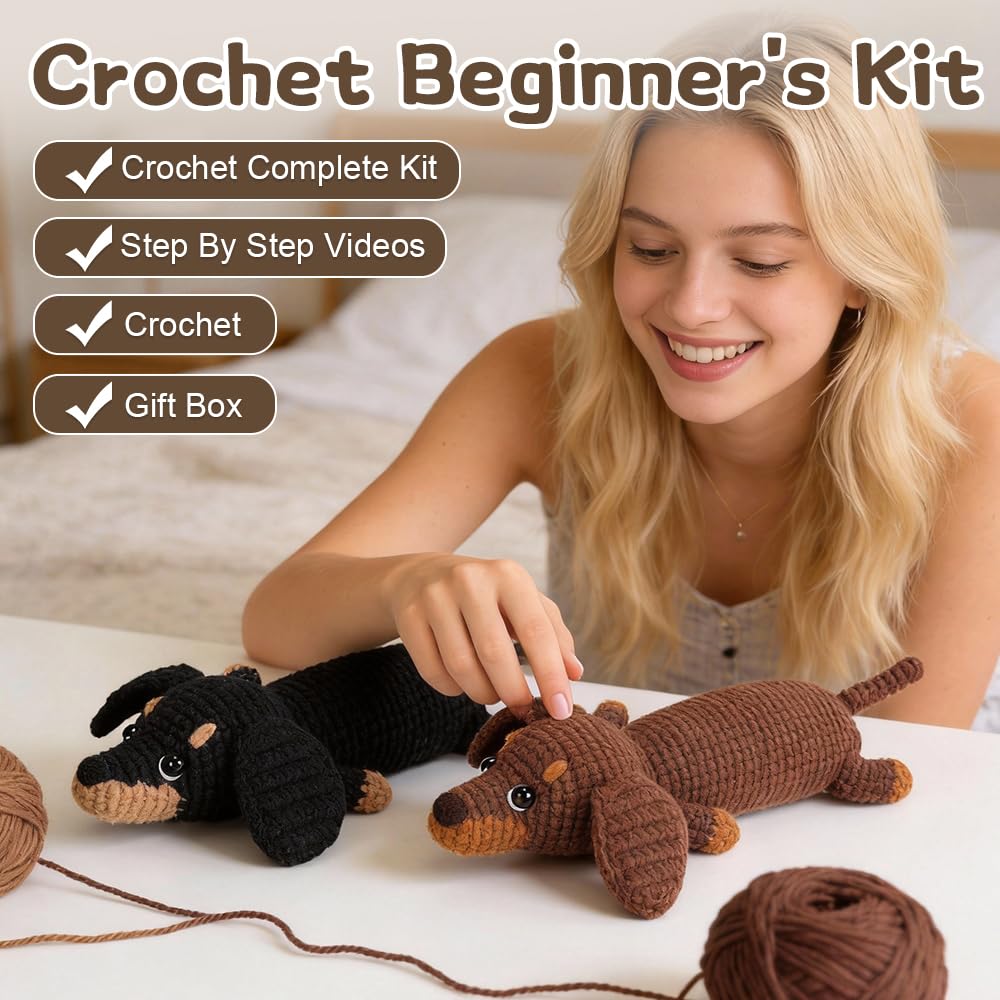 Wxeadu Häkelset für Anfänger, Häkelset Tiere, 2 Stück Dackel Garn Häkelnadel Set, Häkeln für Anfänger, Crochet Set mit Videokurs und Schritt Anleitungen, Stricken für Anfänger Set für Geschenk