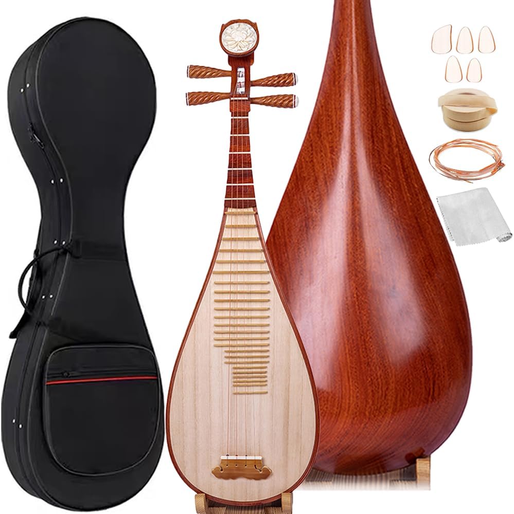 Selected Hardwood Chinese Lute Pipa Instrument, Set for Beginner,Chinese National Traditional Stringed Instrument
