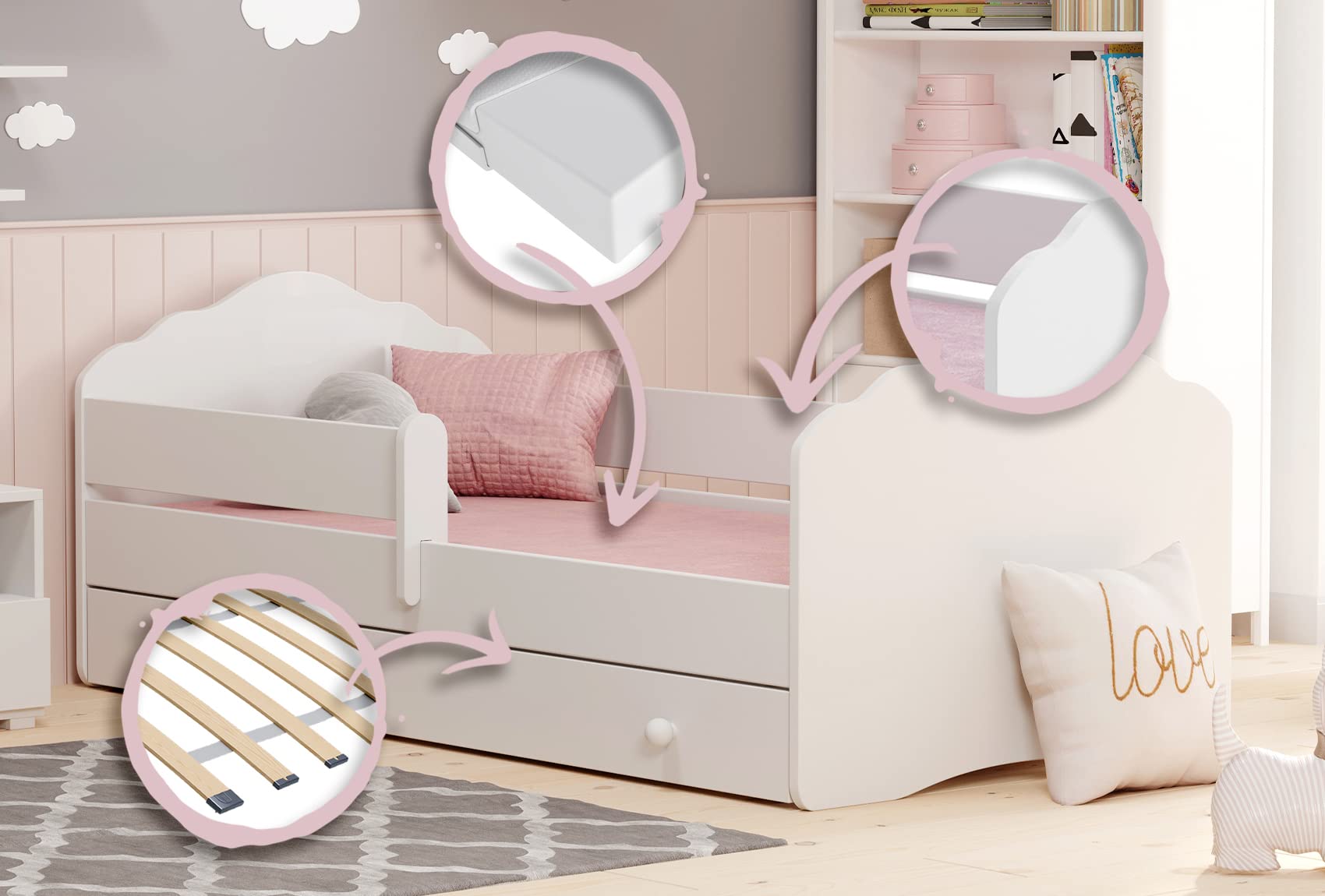 Cama infantil FALA blanca 140x70 con un cajón y un riel