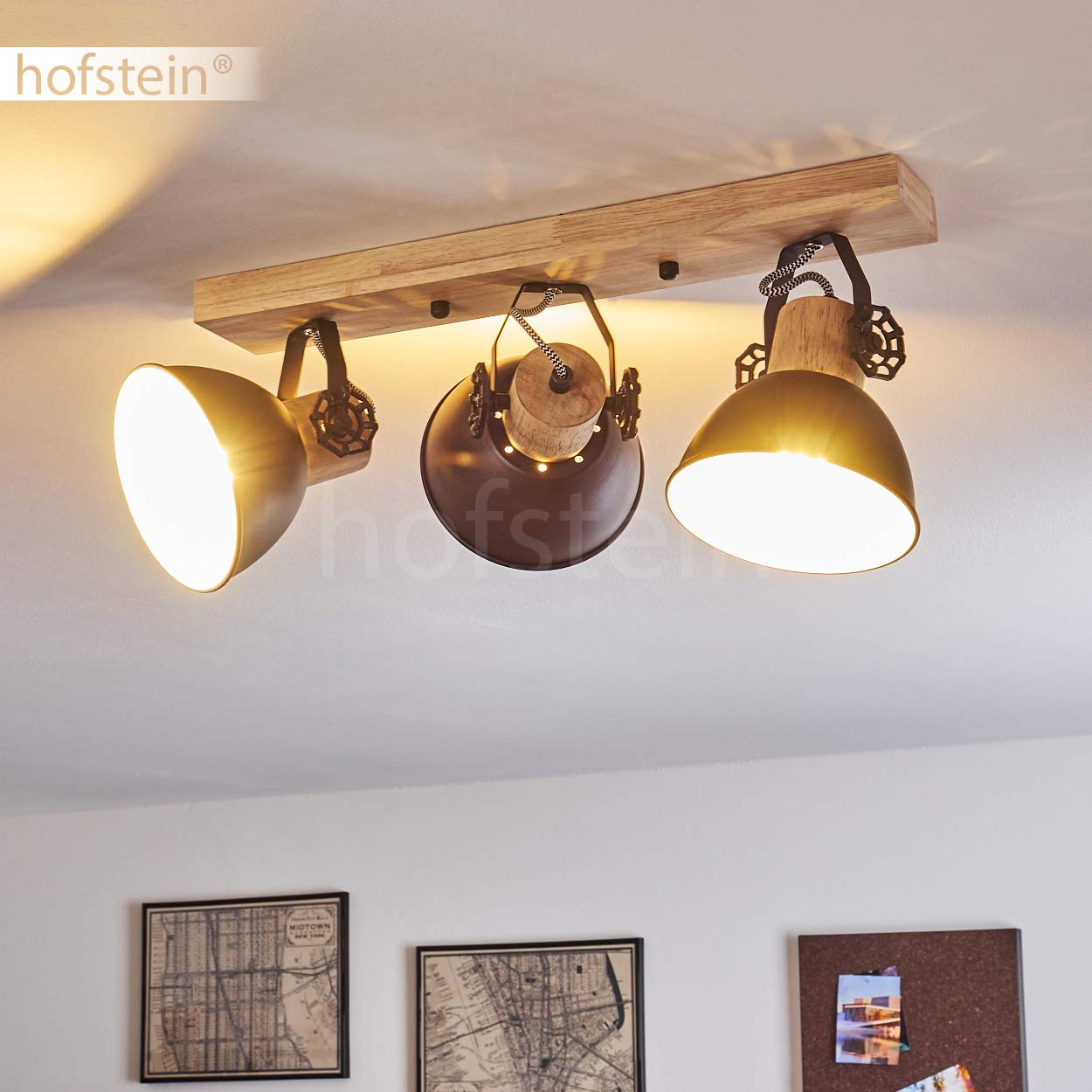 hofstein Lámpara de techo Orny, lámpara de techo de metal/madera en antracita/blanco/marrón, 3 luces, con focos regulables, 3 x casquillo E27, foco en diseño retro/vintage, sin bombilla(s)