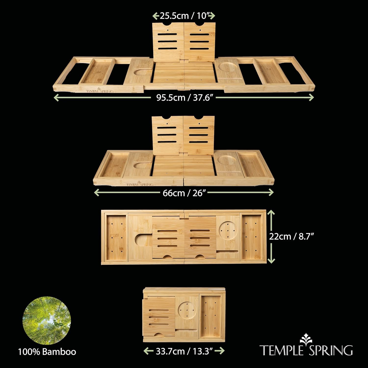 Temple Spring Vassoio da Bagno Pieghevole, Mensola in Legno Estensibile per Vasca, Tavola Spa per Adulti, Caddy da Vasca, Set Accessori Bagno in Bambù – Naturale