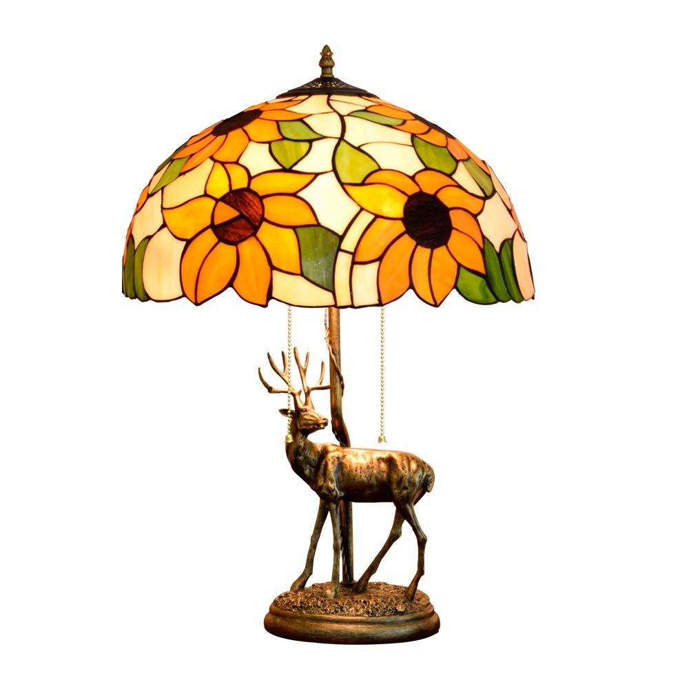 Aioneer 16 Inch Tiffany Stained Glass Table Lamp Style Elk Base Creative Sun Flower Stained Glass Living Room Dining Room Deer Deerlet Fawn Desk Lamp