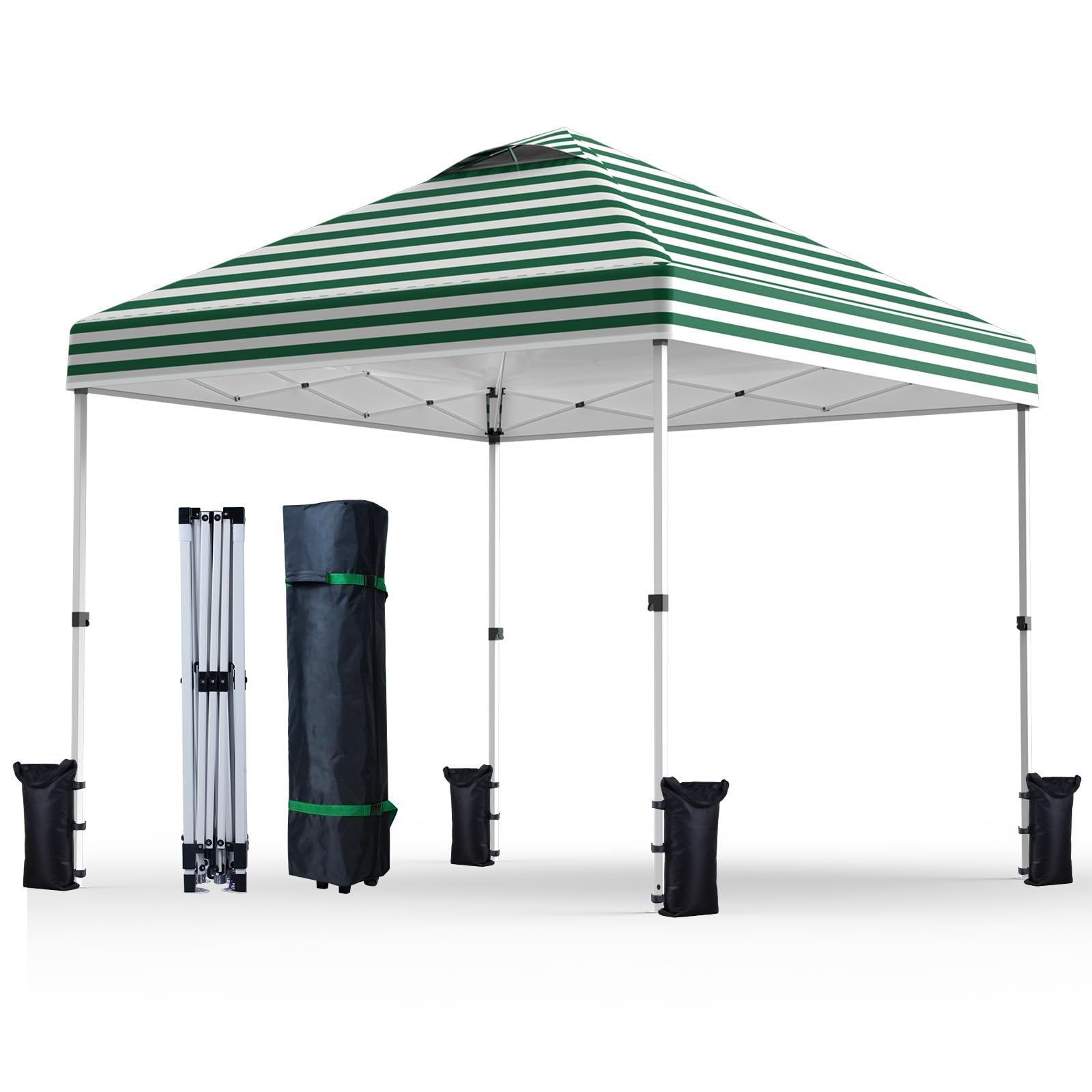Nazhura 10' x 10' Pop Up Canopy Tent with Sand Weight Bag, Freestanding Sun Shelter for Picnic and Camping, One Person Setup and Height Adjustable (Green Stripe)