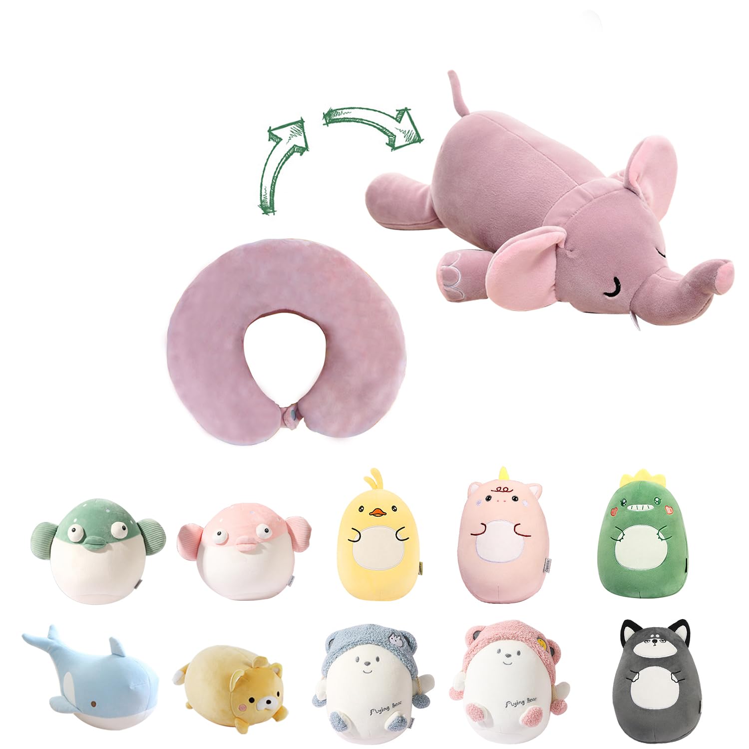 JOYRAVO 2-in-1 Travel Pillow for Kids - Soft and Adorable Animals Plushie That Converts into a U-Shaped Neck Pillow for Ultimate Comfort During Airplane, Car, Train, Bus Trip - Pink Elephant