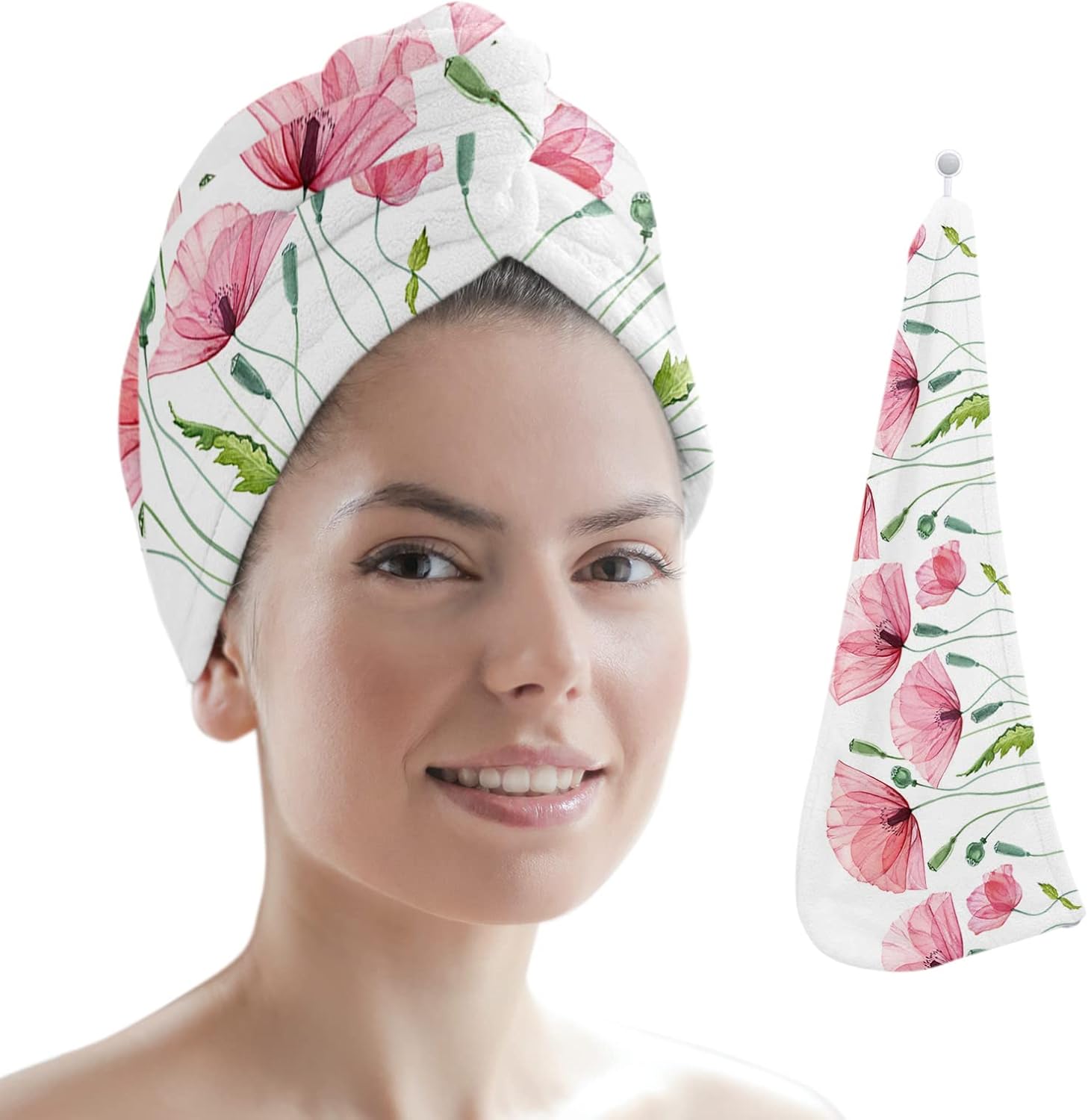 LEOSUCRE Microfiber Hair Towel Wrap Ultra Absorbent Hair Cap, Pink Floral Hair Towel with