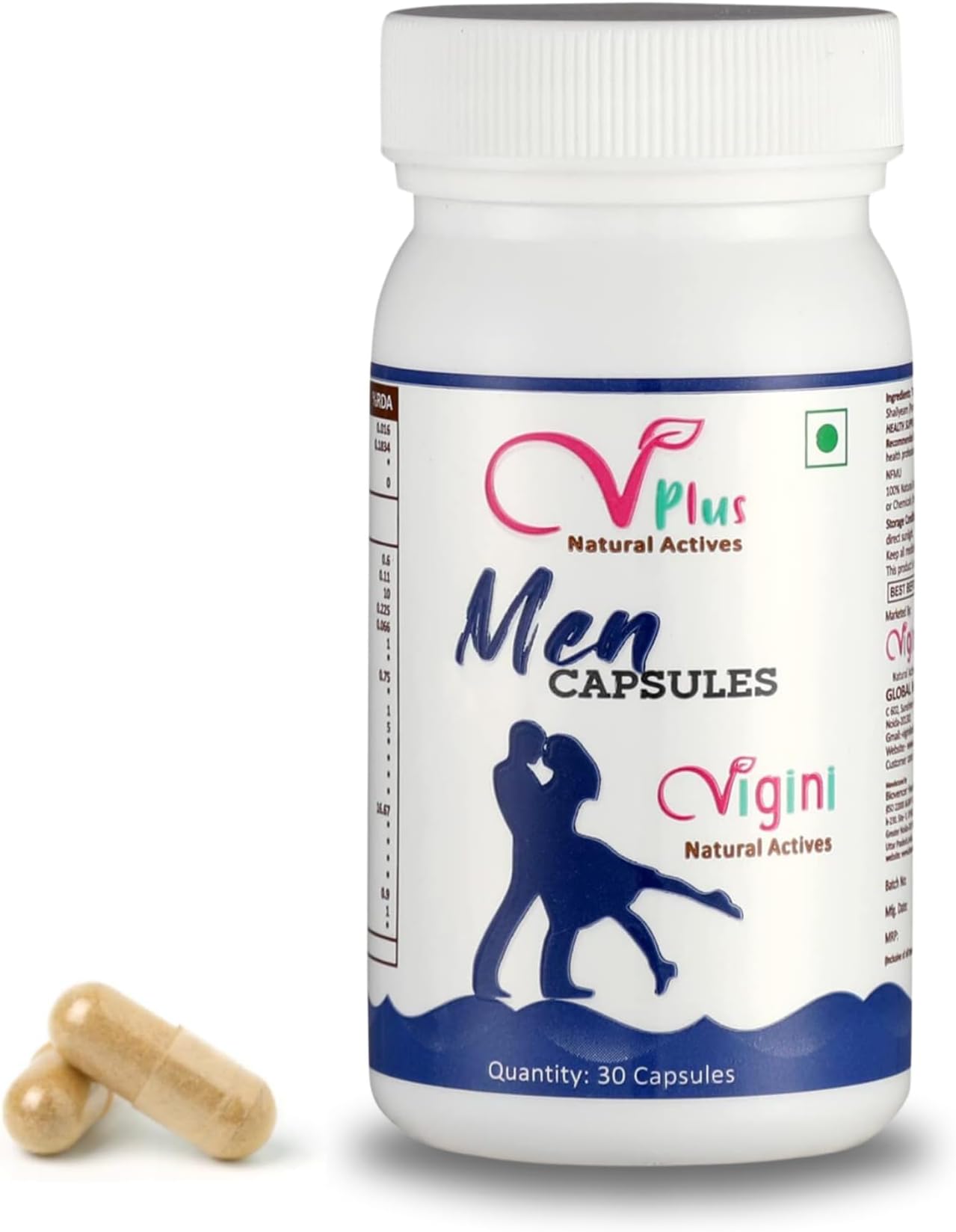 Vigini Natural Capsules for Man 500mg with Himalayan Shilajit, Safed Musli, Gingko Biloba, Tribulus Terrestris, Mucuna and Ginseng Extract (30 Vegan Capsules)