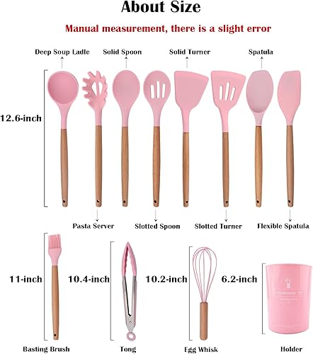 Miniatura 6 de Juego de utensilios de cocina de silicona negra con soporte para cubo de almacenamiento, mango de madera antiadherente, juego de utensilios de