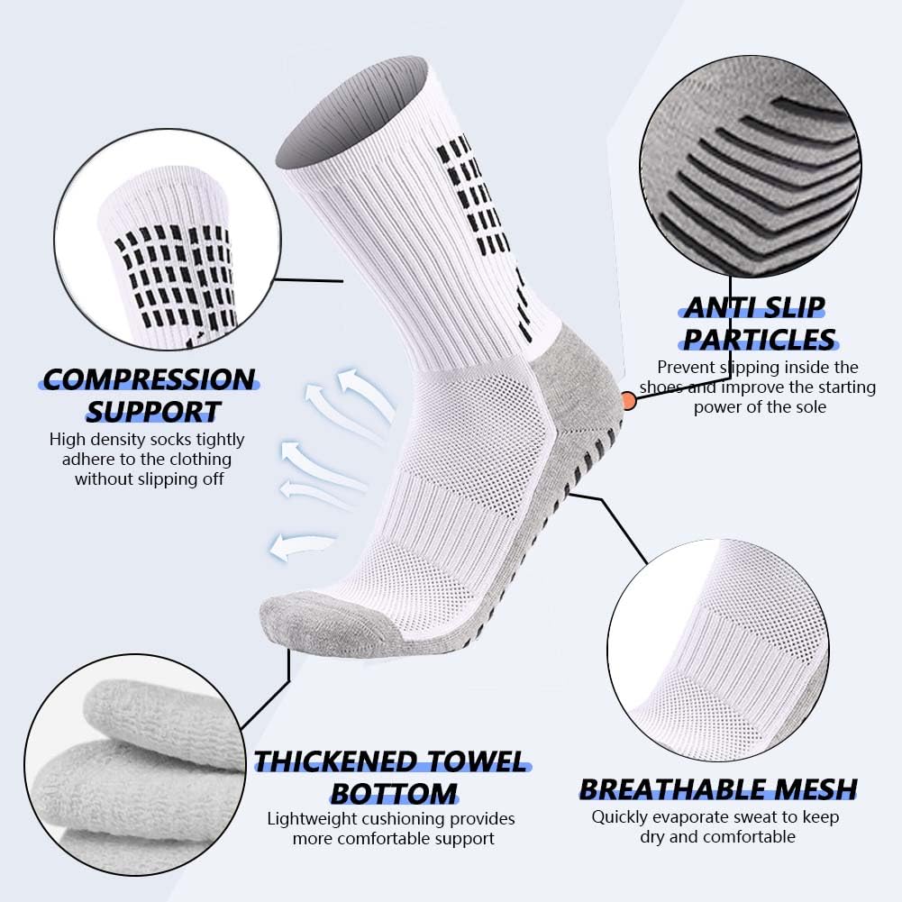 Ukontagood 1 Pair Grip Soccer Socks, 1 Pair Soccer Sleeve Socks with 1 Pack Shin Guards and 2 Shin Straps, Football Game Set 5 Pcs (White)