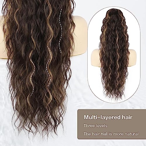 PORSMEER 28 inches Ponytail Extension Black Mixed Blonde Long Beach Wave Drawstring Clip in Pony Hair Extension Synthetic Pony Tail Hairpiece for Women - Image 3