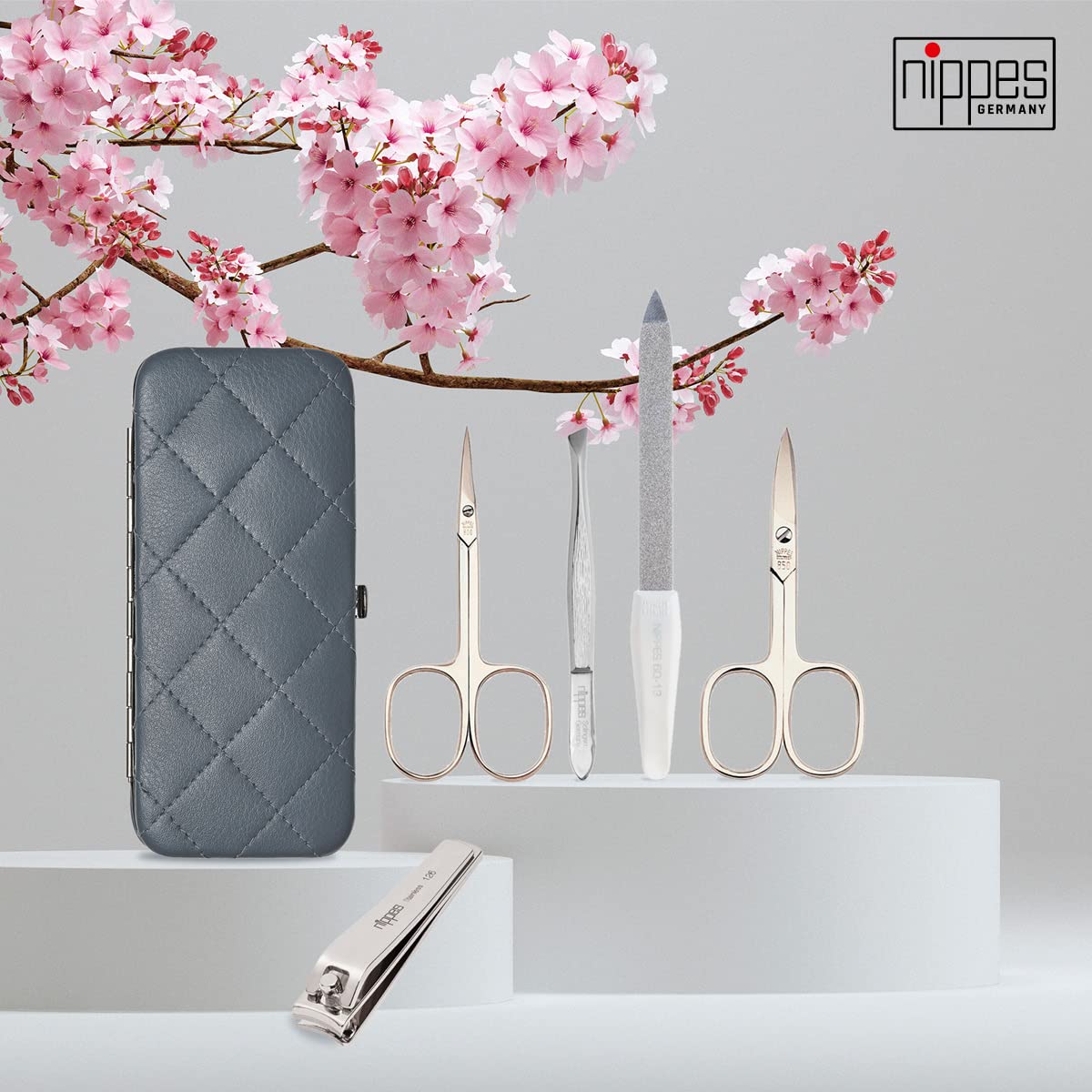 nippes Solingen Zestaw do manicure w romby, 5-częściowy, etui z jagnięcej nappa z ramą i skórzaną wyściółką wewnątrz, zestaw do pielęgnacji paznokci Made in Germany, zestaw do pielęgnacji paznokci z niklowanymi instrumentami