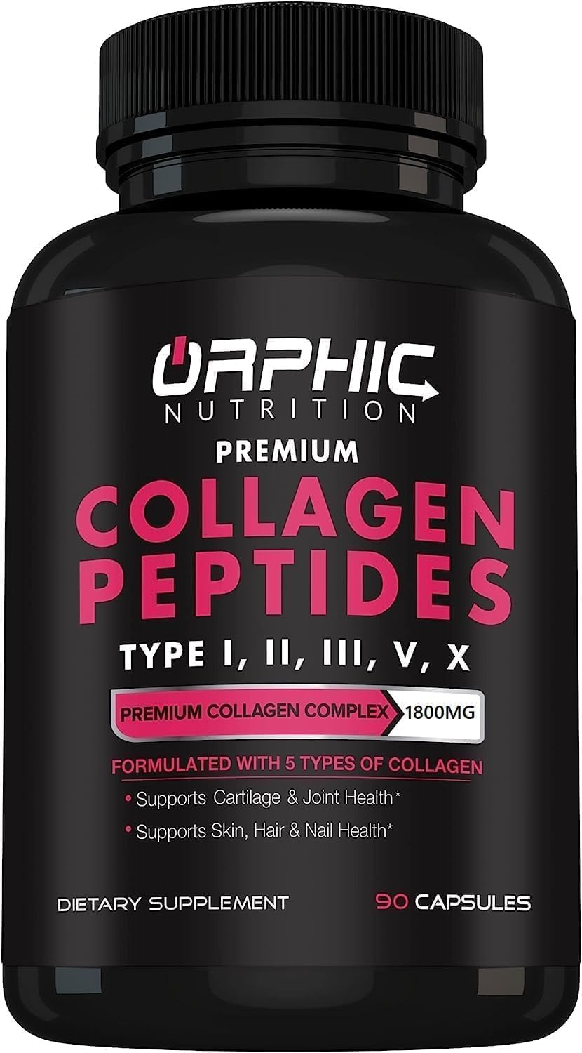 ORPHIC NUTRITION Premium Collagen Peptides Capsules 1800mg – Types I, II, III, V, X – Supports Digestive Health* – Helps Maintain Strong Joints, Tendons, Ligaments and Muscles* – 90 Caps ORPHIC NUTRITION Premium Collagen Peptides Capsules 1800mg – Types I, II, III, V, X – Supports Digestive Health* – Helps Maintain Strong Joints, Tendons, Ligaments and Muscles* – 90 Caps