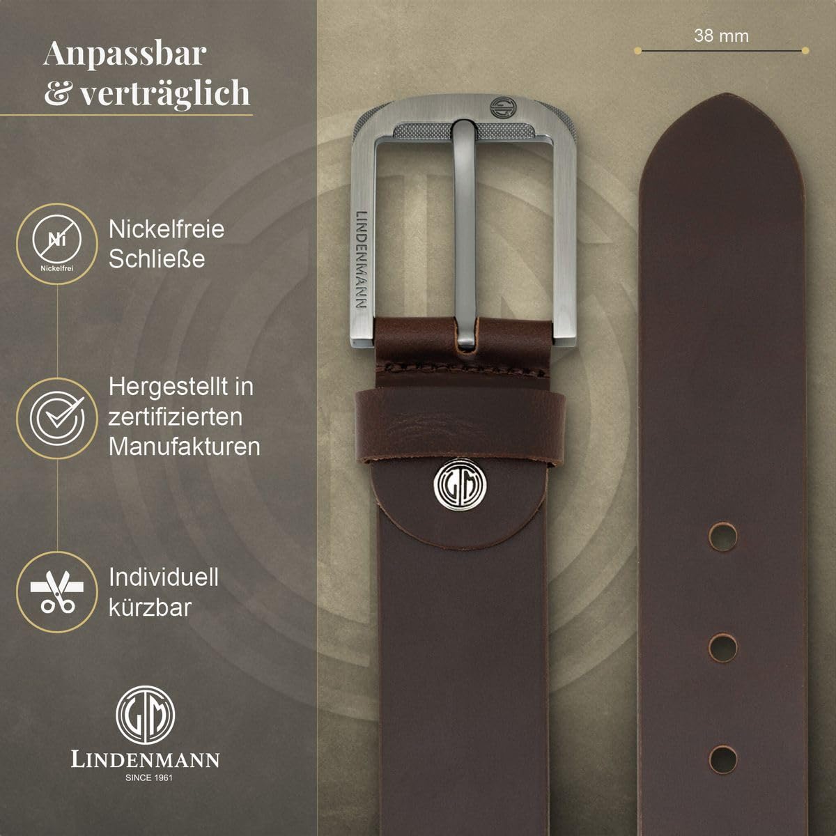 LINDENMANN Herren Ledergürtel Vollrindleder Jeansgürtel braun