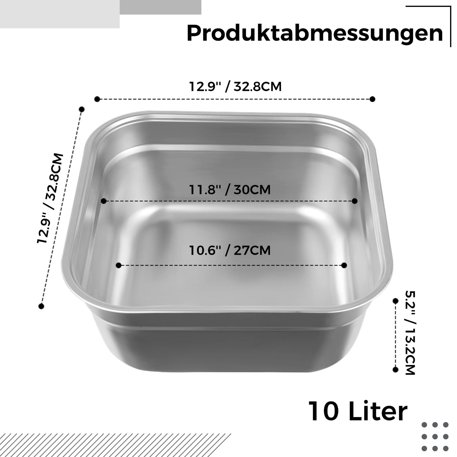 Cuenco de acero inoxidable para fregadero, cubeta cuadrada para cocina, lavabo de verduras y plato para el hogar, tamaño grande, 30 cm de diámetro interior, diámetro exterior de 12.9 pulgadas, parte