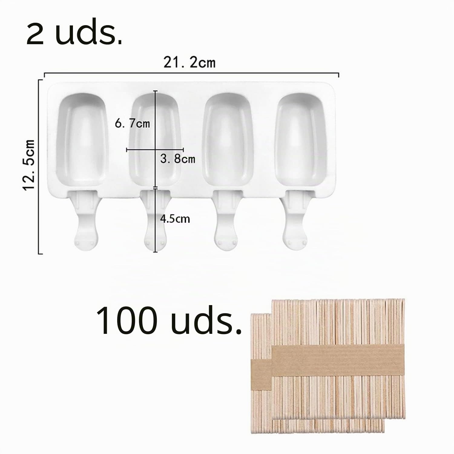 2 Piezas Molde de Helado de Silicona con 100 Palos Madera, Popsicle Moldes 4 Cavidades, de Paletas de Hielo, DIY, Chocolate Postre Congelado
