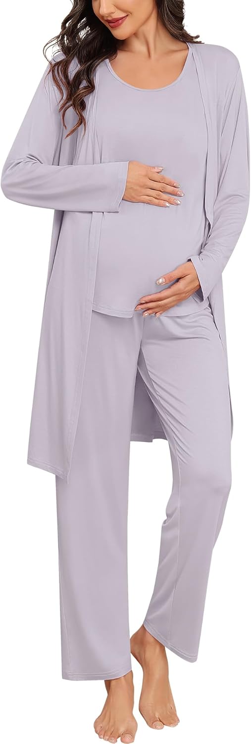 SWOMOG Women Maternity Nursing Robe Set 3 PCS Labor Delivery Breastfeeding Pajama Postpartum Pjs for Hospital Pregnancy
