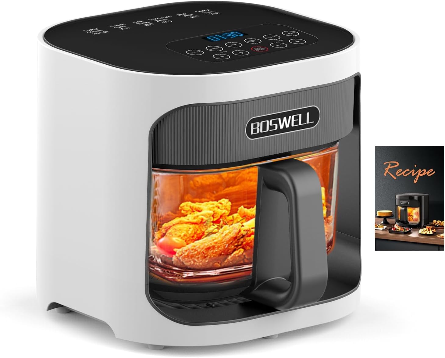 BOSWELL 4.5QT Glass Air Fryer, 6-IN-1 Preset Menue Air Fryer, Dishwasher Safe, Dehydration, Digital Touch Screen, 97% Less Oil, Low Noise, Non-Stick and Easy To Clean (White)