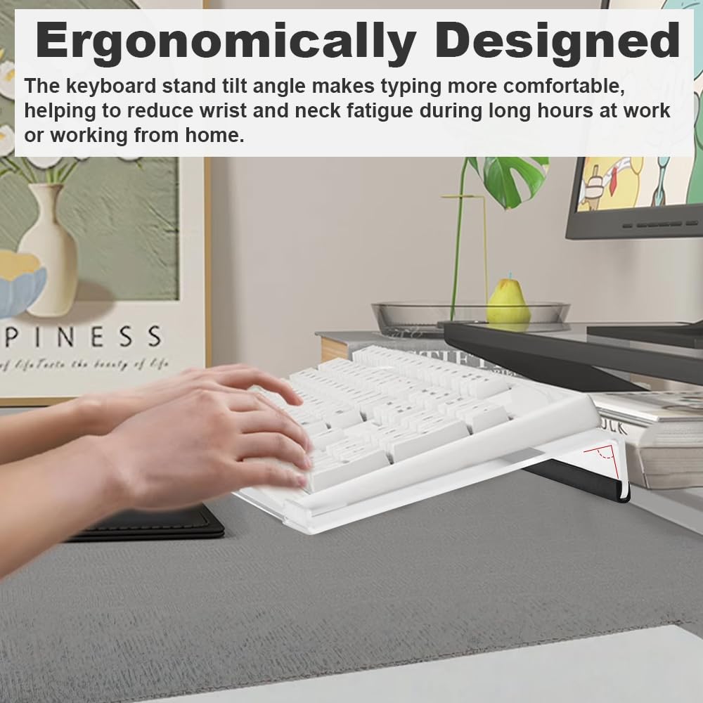Soporte Teclado Ordenador, Bandeja para Teclado de Acrílico Transparente, Soporte para Teclado de Computadora Ergonómico con Tira Antideslizante, para Escritorio, Oficina, Hogar, 43 x 14 cm