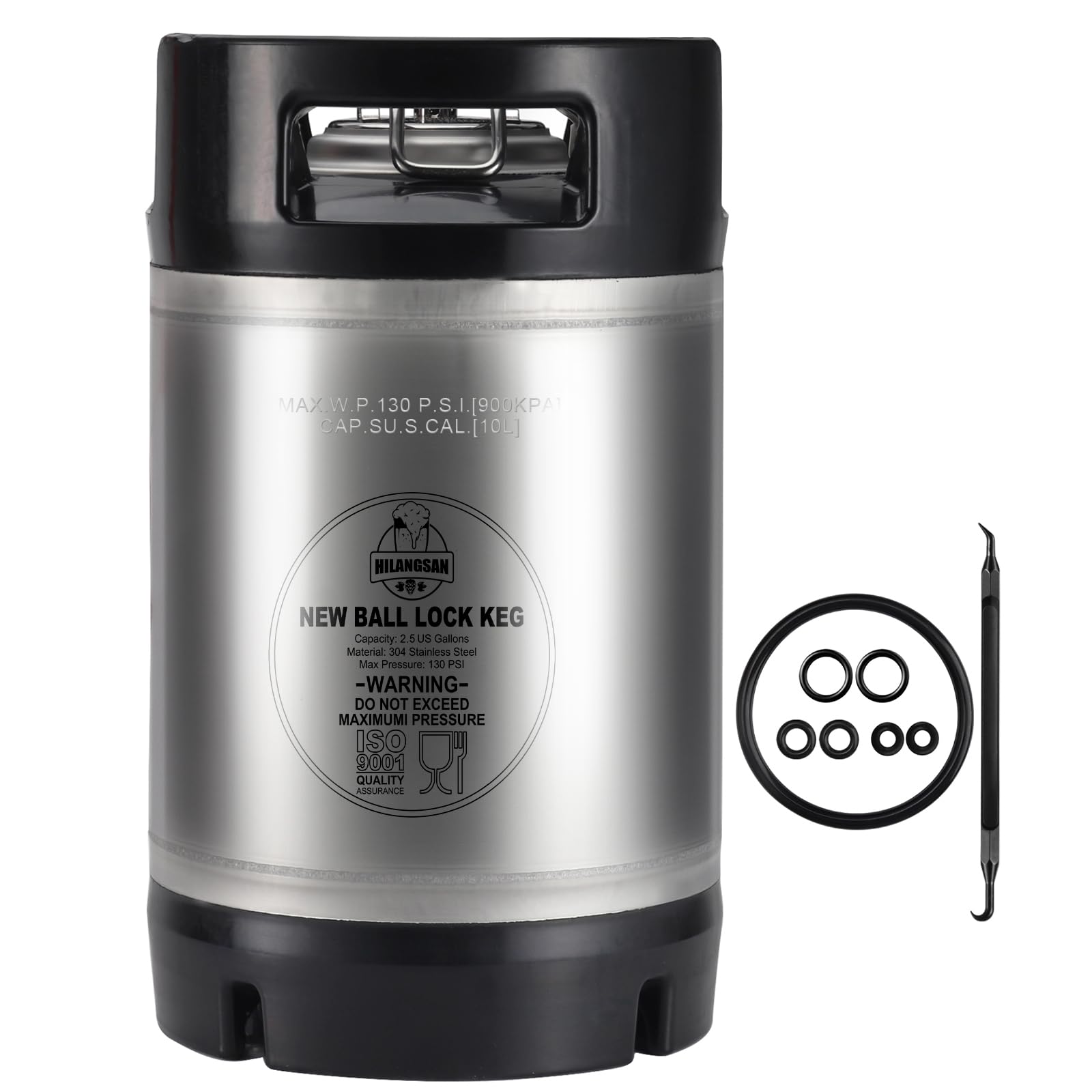 New 2.5 Gallon Keg Cornelius Keg, Stainless Steel Ball Lock Keg Beer Keg with Dual Rubber Handle, Corny Keg with with Ball Lock Keg Fittings for Homebrew