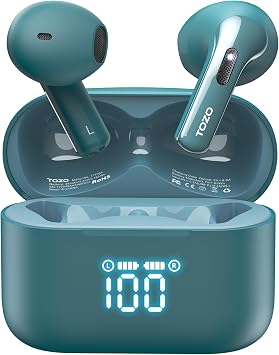 TOZO T21 Wireless Earbuds Bluetooth 5.3 in Ear Headphones Dual Mic Call Noise Cancelling IPX8 Waterproof 44H Playback Stereo Sound with LED Display Wireless Charging Case 32 EQs via APP Green
