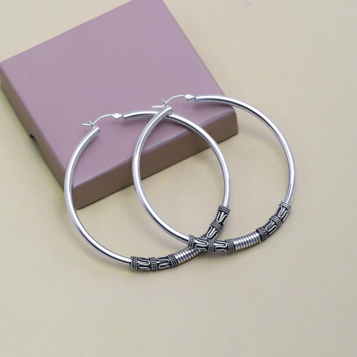 LeCalla Pendientes grandes de plata de ley 925 Aros de Bali antiguos y ligeros | Pendientes balineses oxidados bicolor para mujer