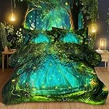 SOULZZZ Forest Comforter Set Twin Size Premium Microfiber Green Forest Mushroom Butterfly Flower Pattern Comforter 3 Piece Aesthetic Green Bedding Set with 2 Pillow Shams