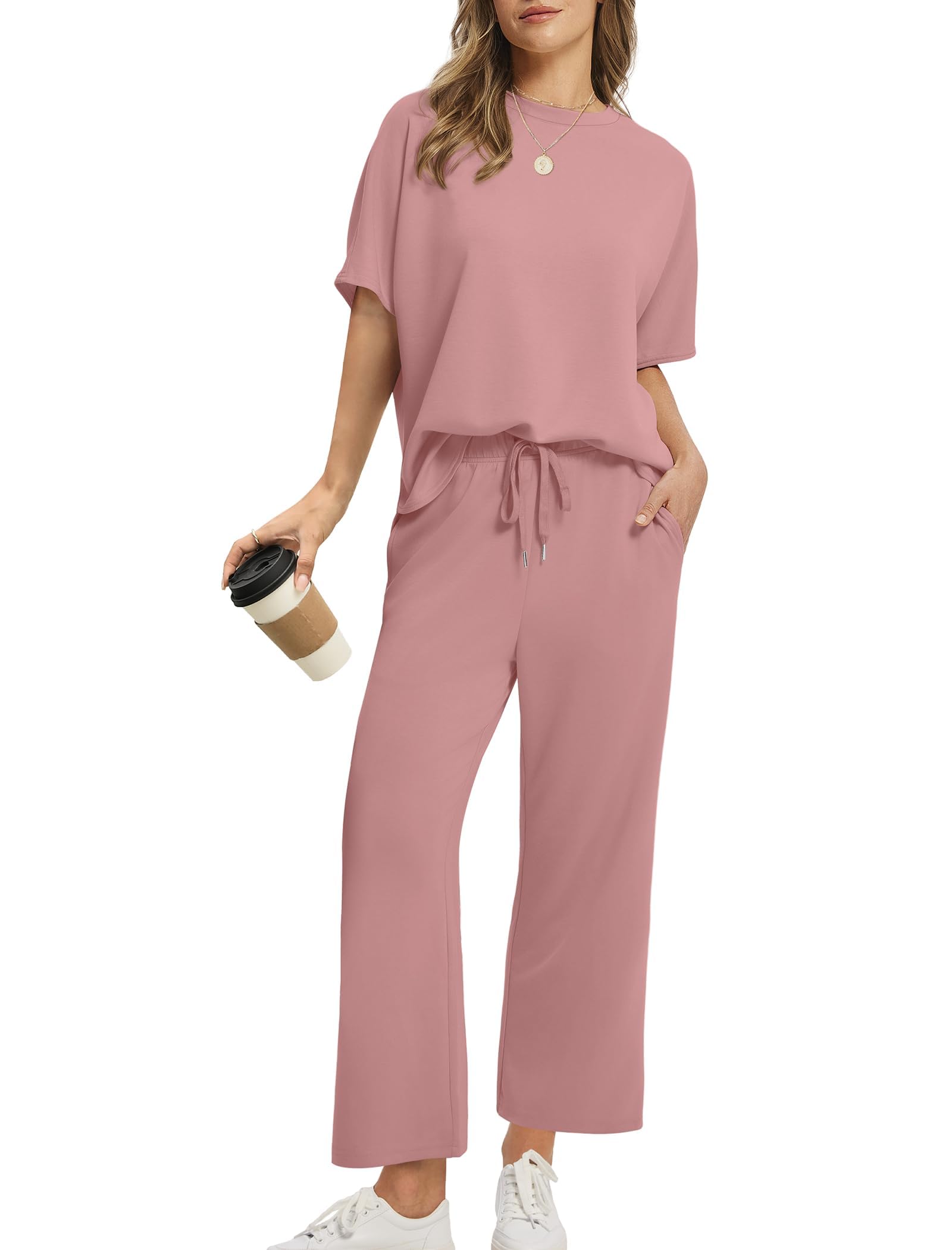 Desol Zweiteiler Damen Sommer Outfits, Trainingsanzug Sets Kurzarm Oberteil & Jogginghosen, Weites Bein Caprihosen für Freizeit & Hausgebrauch & Reisen