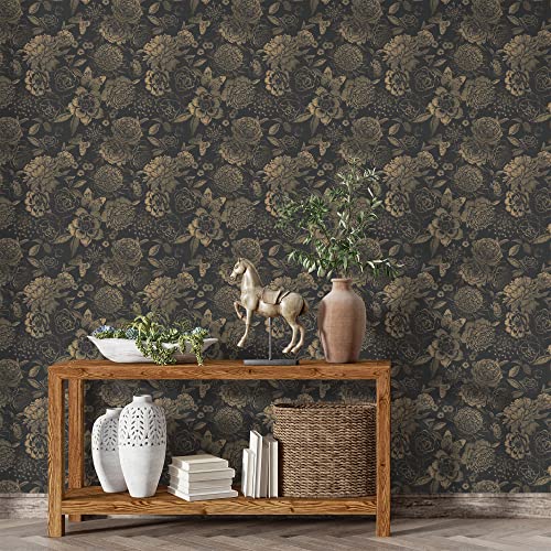 Unigoos Light Gold Vintage Floral With Butterfly Peel And Stick Wallpaper Retro Vinyl Self-Adhesive Temporary Wall Paper Roll Black Background Decorative Contact Paper For Living Room Diy Decor #TOP1