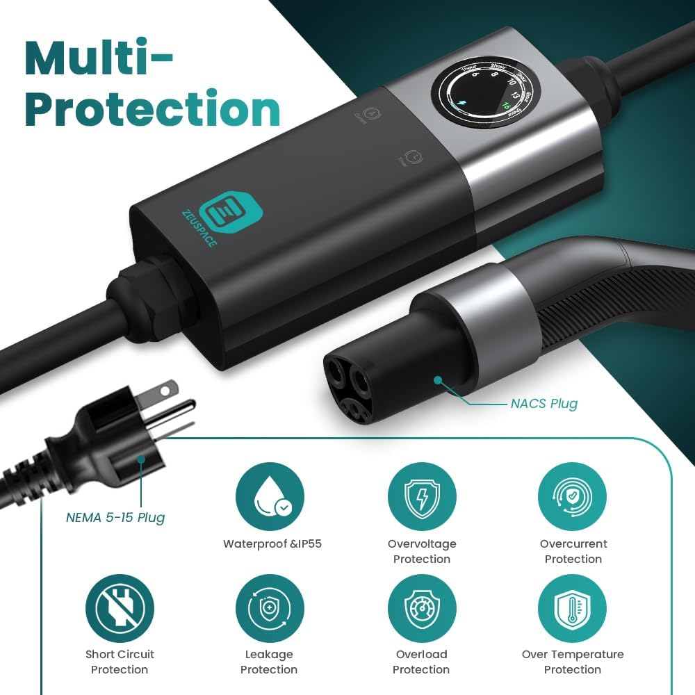 【NACS Only】 ZEUSPACE 25ft Level 1 EV Charger for Tesla, 110V-240V 16A Electric Vehicle Adjustable Charger for NACS with NEMA 5-15 Plug, Portable EV Mobile Charger, Compatible with Tesla Model 3/Y/S/X