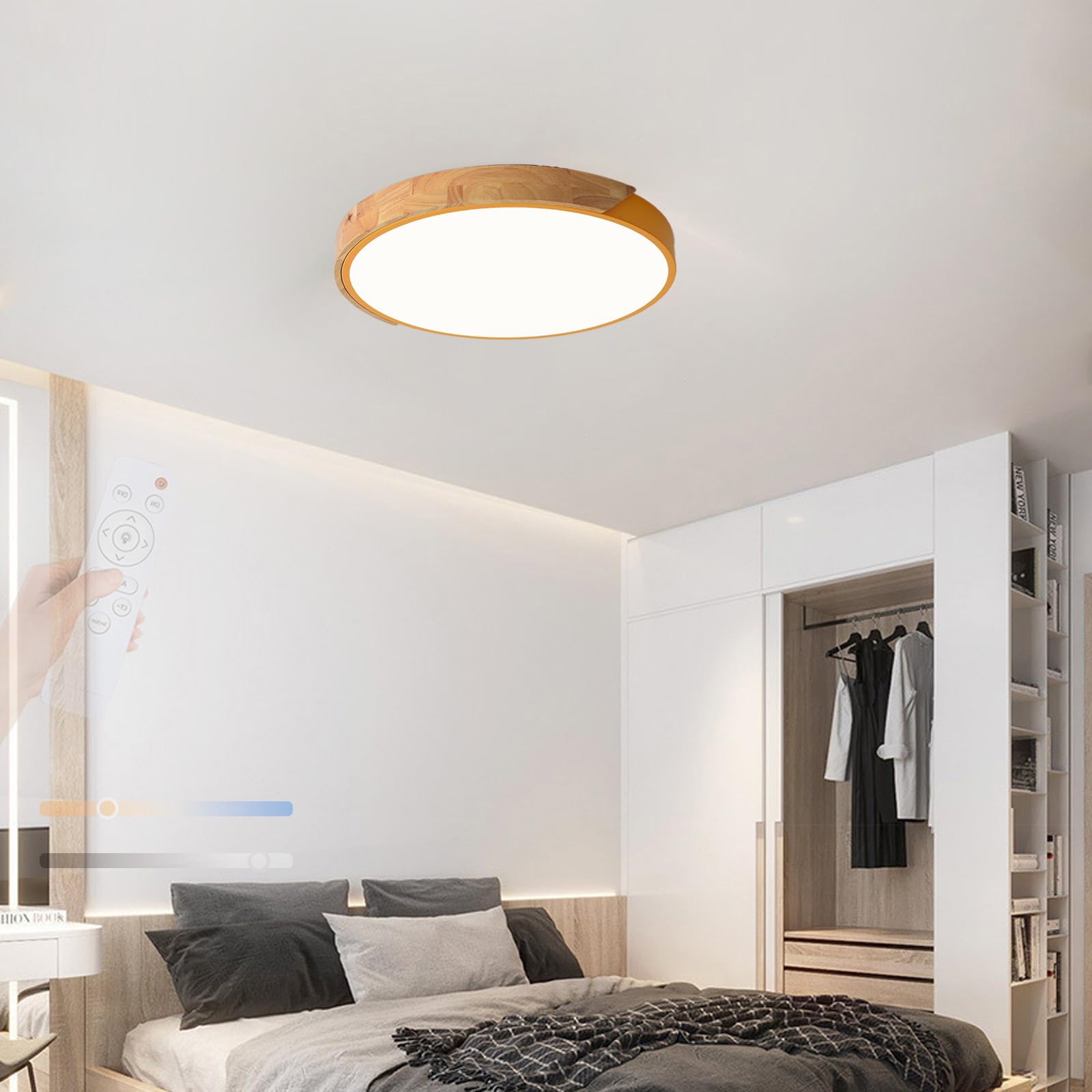 TZSMUM LED Wood Ceiling Light Dimmable 2700K-6500K Ceiling Lamp with Remote Control Ceiling Lights Flush Mount Ceiling Lighting Modern Decorative for Living Room Kitchen Lounge (Gold,60cm)