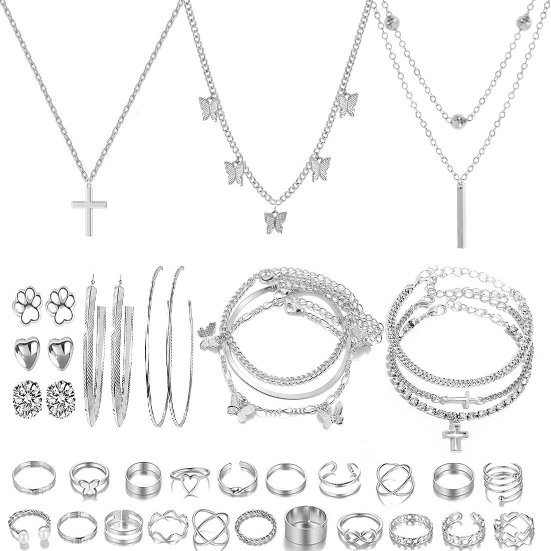 Golden Collection Fashion Jewelry Set Stocking Stuffers, Layered Necklaces, Bracelets, Earrings, Rings, Modern Contemporary Style for Women