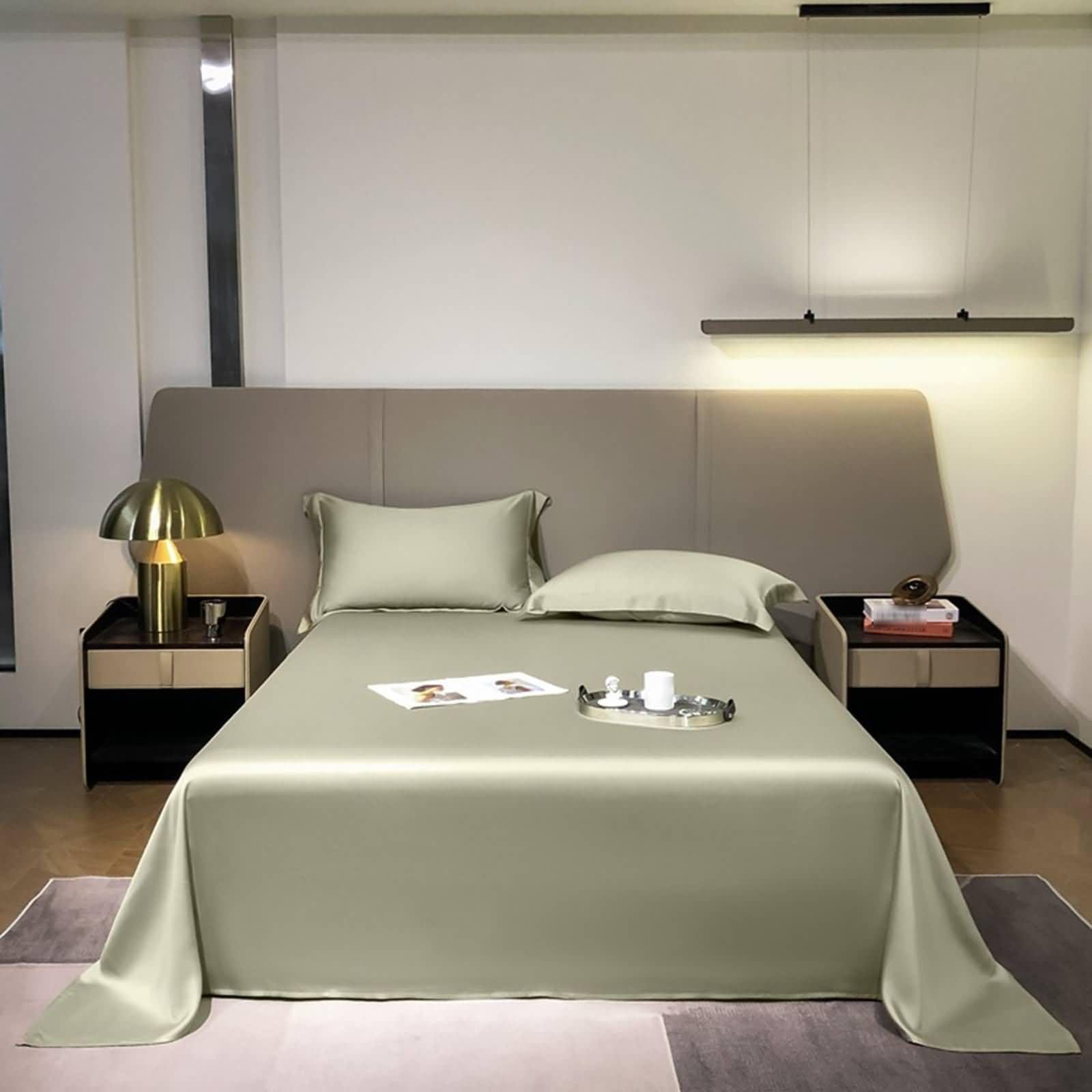 3-częściowy zestaw pościeli Blat z włókna Lesser miękki, jednolity kolor, 160 x 230 cm + 2 poszewki na poduszki, letnie prześcieradło na blat jasnooliwkowy