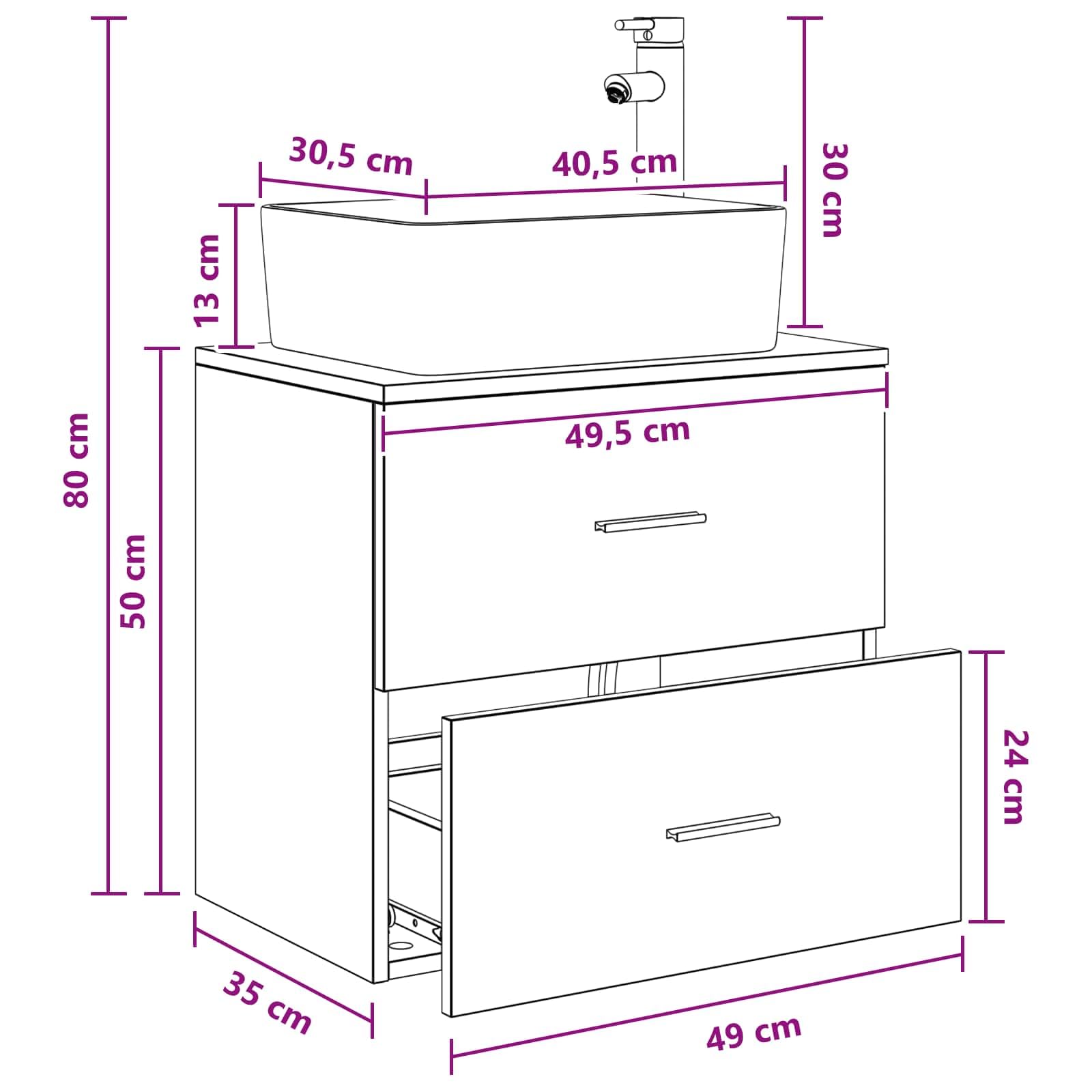 Lavabo da parete in rovere Sonoma con lavandino, 53 x 34,5 x 63 cm, mobile da bagno in legno con cassetti, ripiano e maniglie argentate, per ospiti WC e bagno