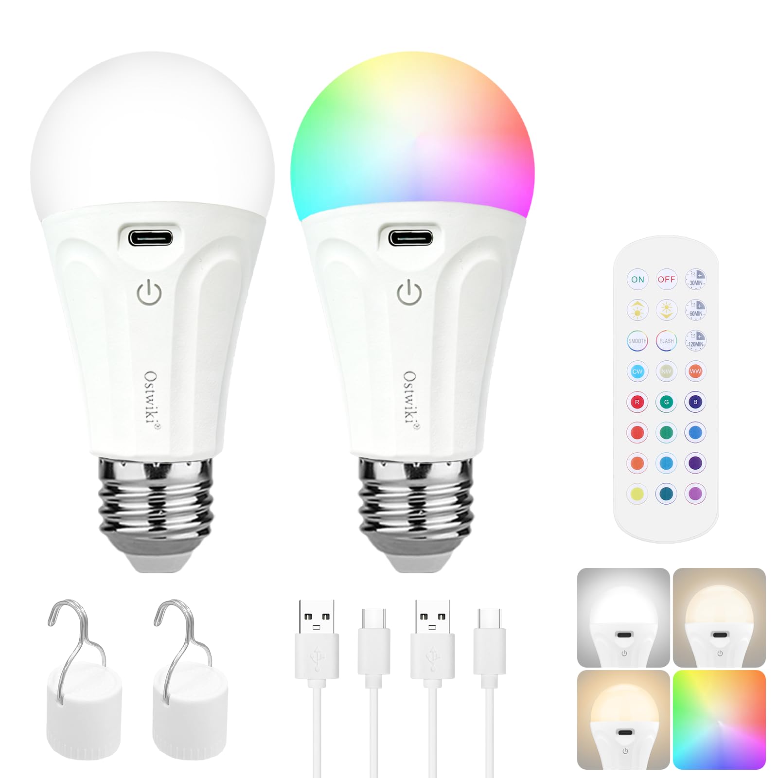 2 Pack Rechargeable Light Bulbs with Remote, Dimmable Battery Operated LED Bulbs for Lamps and Sconces, A19 E26 Wireless Emergency Light Bulb for Power outage Camping Hurricane,15 Colors + 3 Timer