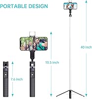 Vista 9 de Ambertronix Trípode para selfie stick de 40 pulgadas, luz integrada, control remoto inalámbrico Bluetooth, extensible, acero inoxidable, 3 modos