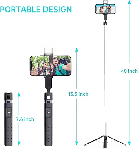 Miniatura 9 de Ambertronix Trípode para selfie stick de 40 pulgadas, luz integrada, control remoto inalámbrico Bluetooth, extensible, acero inoxidable, 3 modos de