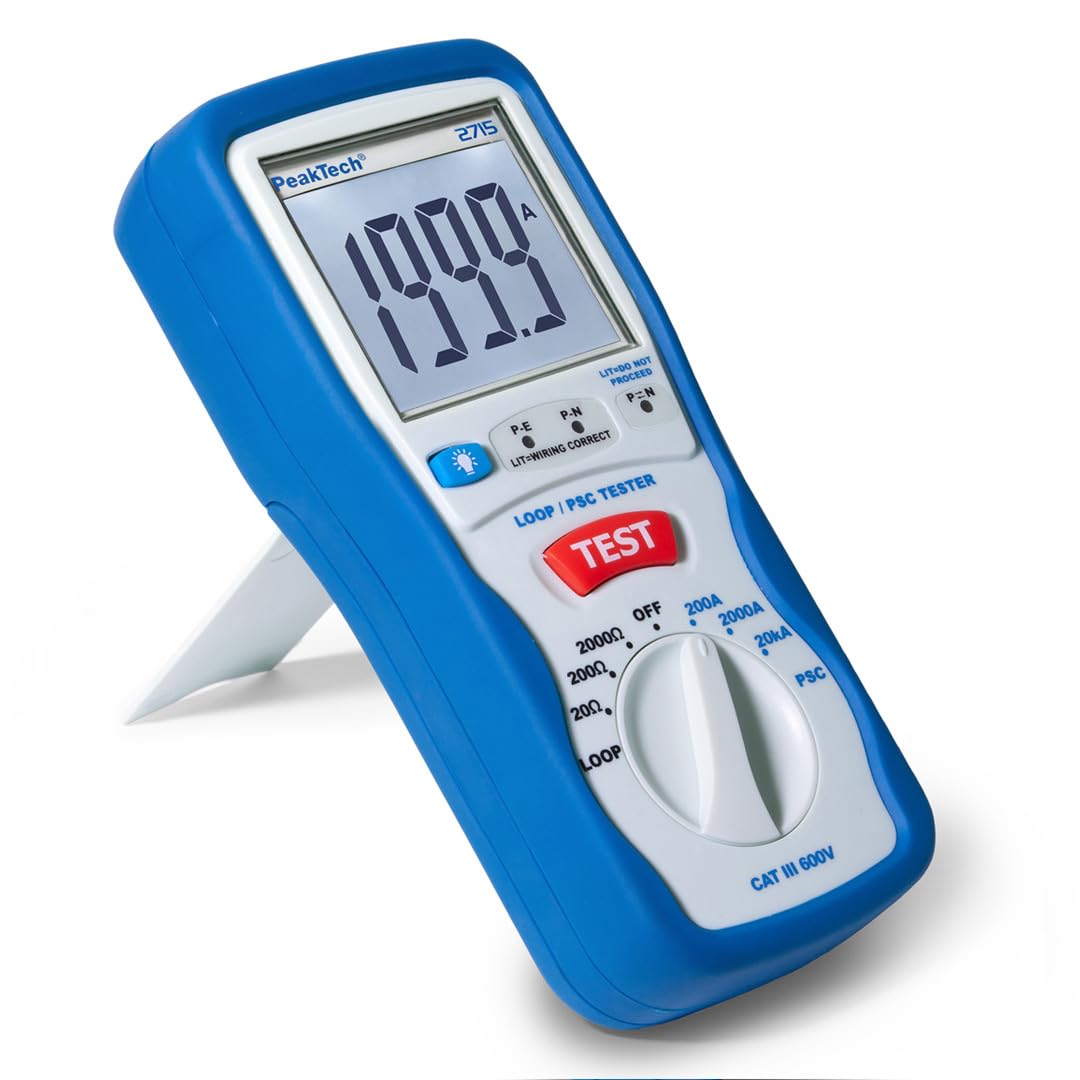 PeakTech P 2715 – Tester digitale PSC con display LCD con misurazione dell'impedenza, corrente di cortocircuito, fusibile di circuito con custodia isolata - CAT III 600 V