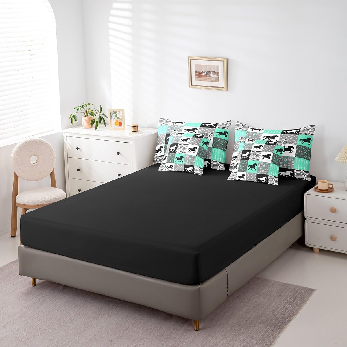 Feelyou Horse Comforter Set with Sheets 7 Piece Queen Size Rustic Strip Lines Bed in a Bag Bohemian Arrow Bedding Set Geometric Plaids Patchwork Teal Green Bed Set with Comforter,Sheets,Pillowcases