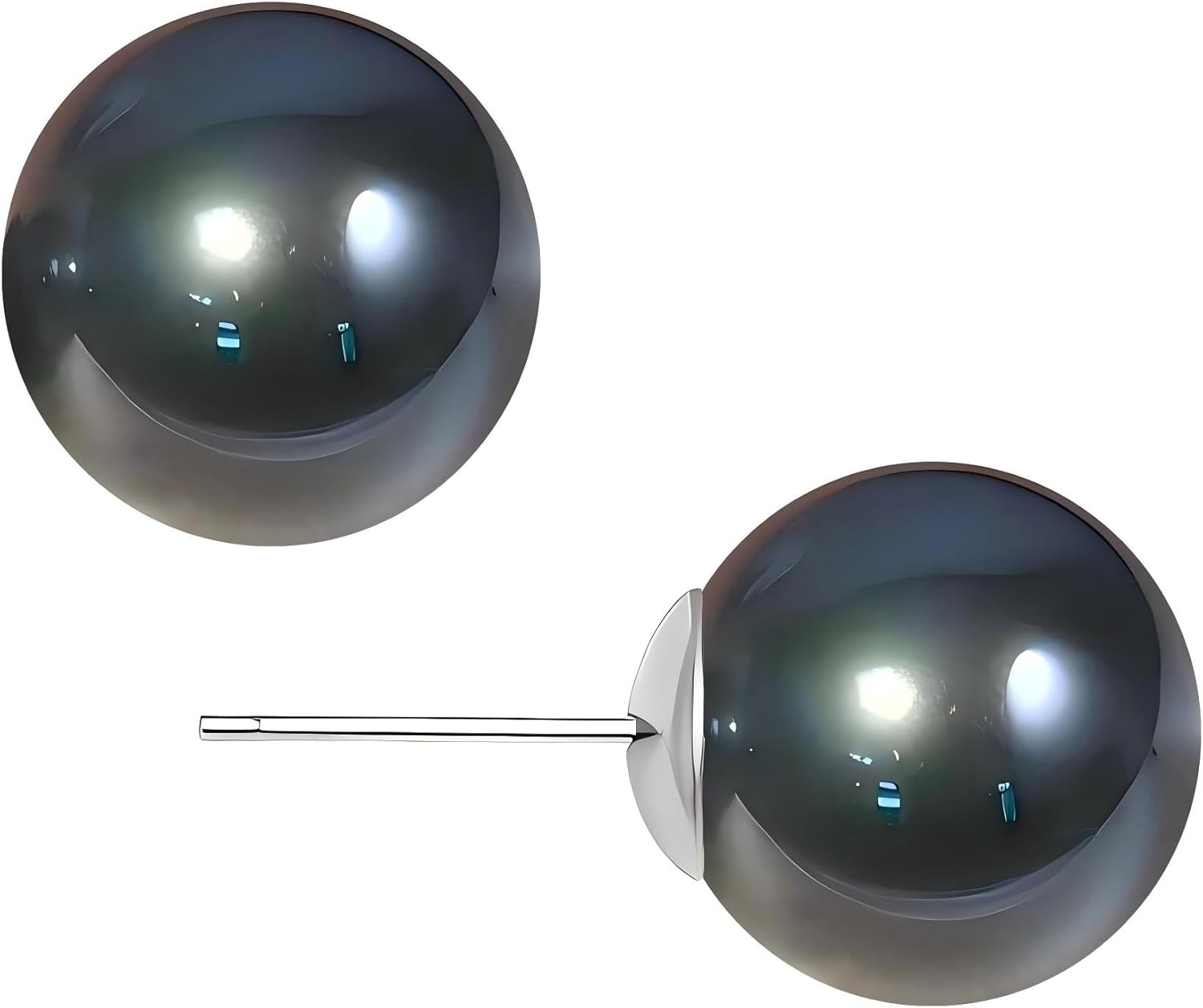 8, 10, 12mm Tahitian Black, Blue Faux Pearl S925 Silver Stud Earrings | Hypoallergenic Rich Radiance Round Pearl Minimalist Studs | Luxury Timeless Meaningful Gift Earrings for Ladies Daily Wear & Gift