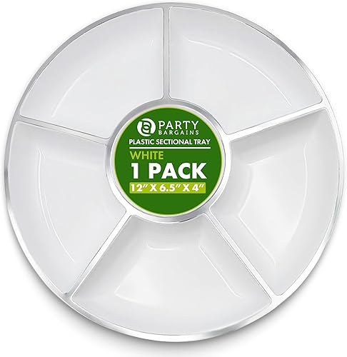 PARTY BARGAINS Bandeja redonda de plástico de 6 secciones, 12 pulgadas, color blanco con borde plateado, paquete de 1, platos reutilizables para