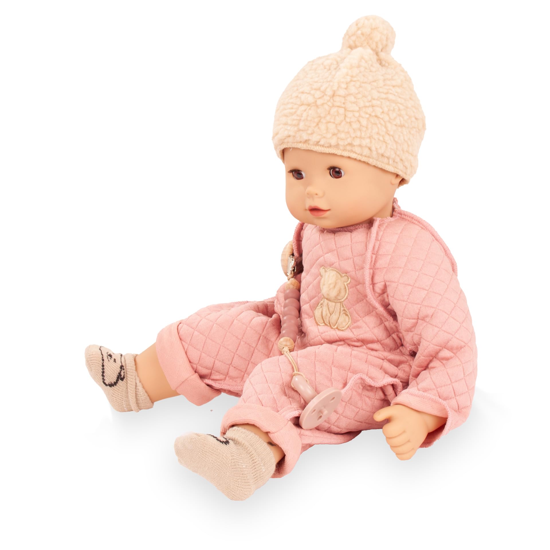 Götz 2627972 Maxy Muffin Bärig Puppe 42 cm Babypuppe braune Schlafaugen | 7-tlg, ohne Haare, Weichkörper, für Kinder ab 3 Jahren, waschbar, mit Schnuller, Plüschmütze und Strümpfchen