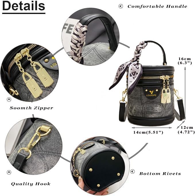 RTGGSEL Retro Canvas Bucket Bag Color Contrast Cylinder Purse for Women Shoulder Crossbody Handbag with Zipper - Image 4